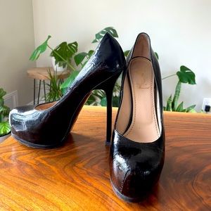 YSL Black & Beige Croco Chess Vernis Tribtoo Platform Pumps, 37.5 RARE
